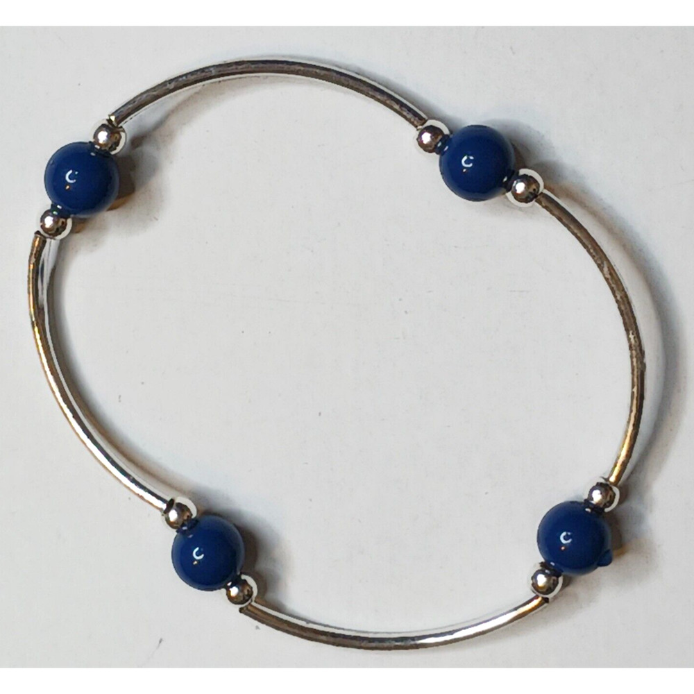 Silvertone Curved Tube and Blue Bead Stretch Bracelet